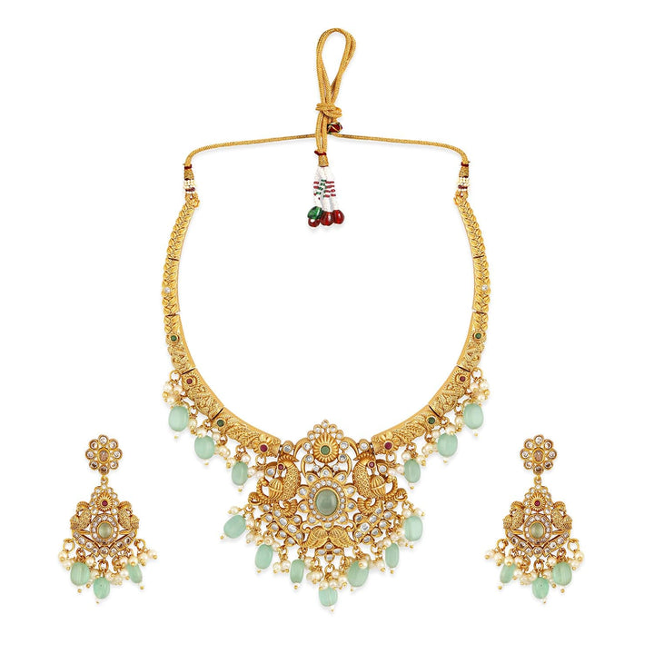 Rubans 24K Gold Plated Mint Green Beads & Cubic Zirconia Studded Traditional Necklace Set Necklace Set