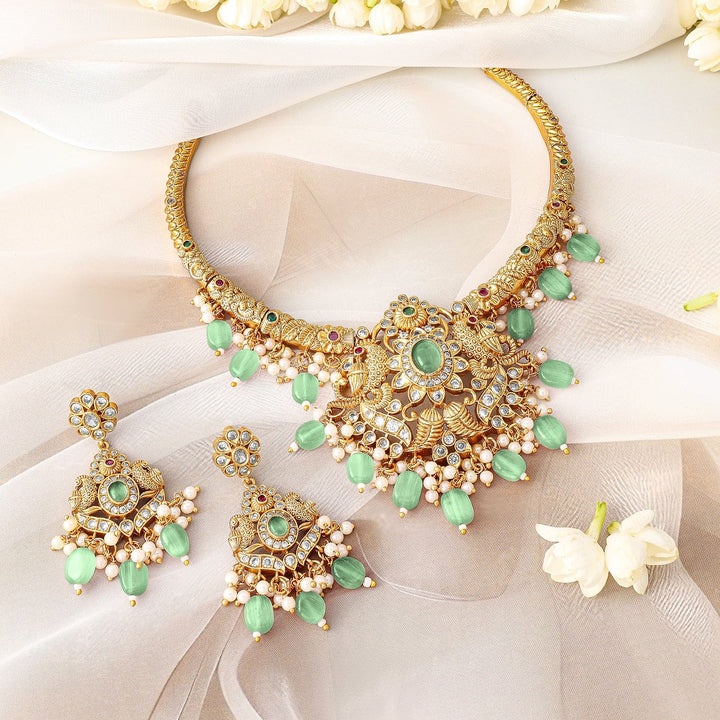 Rubans 24K Gold Plated Mint Green Beads & Cubic Zirconia Studded Traditional Necklace Set Necklace Set