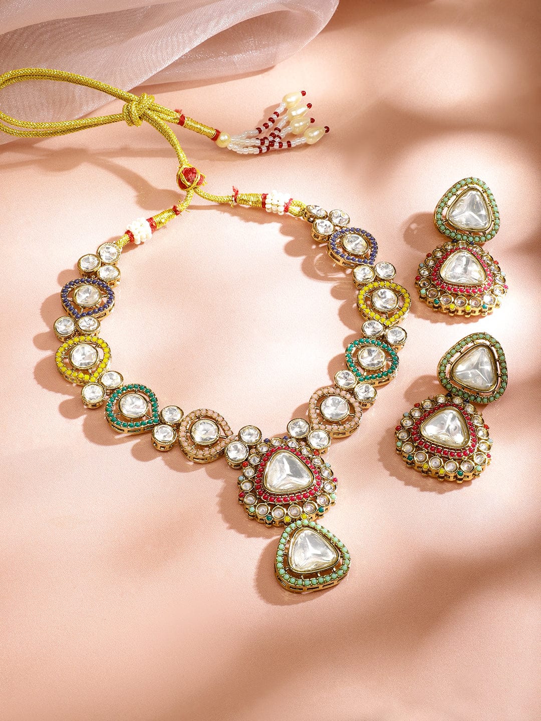 Rubans 24K Gold-Plated Multicolor Kundan & Cubic Zirconia Stone Handcrafted Necklace Set Jewellery Set