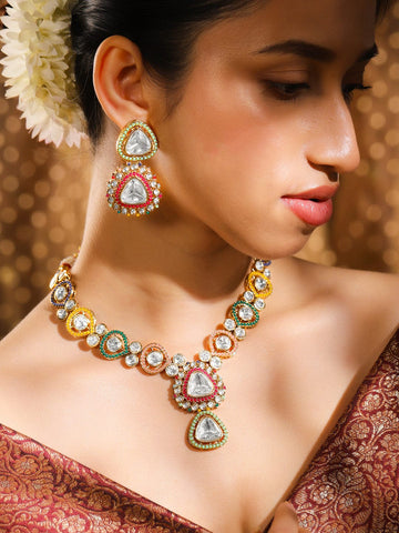 Rubans 24K Gold-Plated Multicolor Kundan & Cubic Zirconia Stone Handcrafted Necklace Set Necklace Set