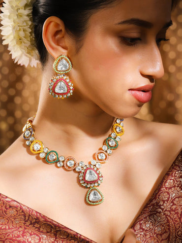 Rubans 24K Gold-Plated Multicolor Kundan & Cubic Zirconia Stone Handcrafted Necklace Set Necklace Set