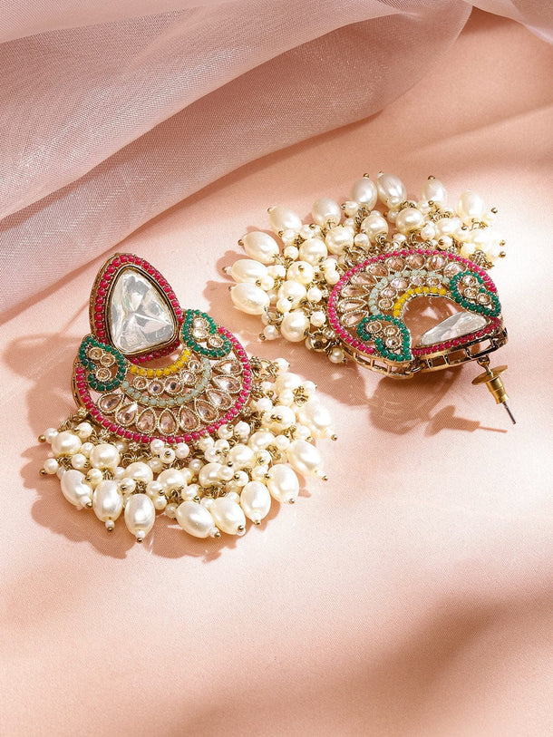 Rubans 24K Gold-Plated Multicolor Kundan, CZ & Glossy Pearl Beaded Multi-Strand Necklace Set Jewellery Set