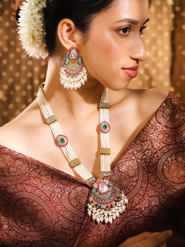 Rubans 24K Gold-Plated Multicolor Kundan, CZ & Glossy Pearl Beaded Multi-Strand Necklace Set Jewellery Set