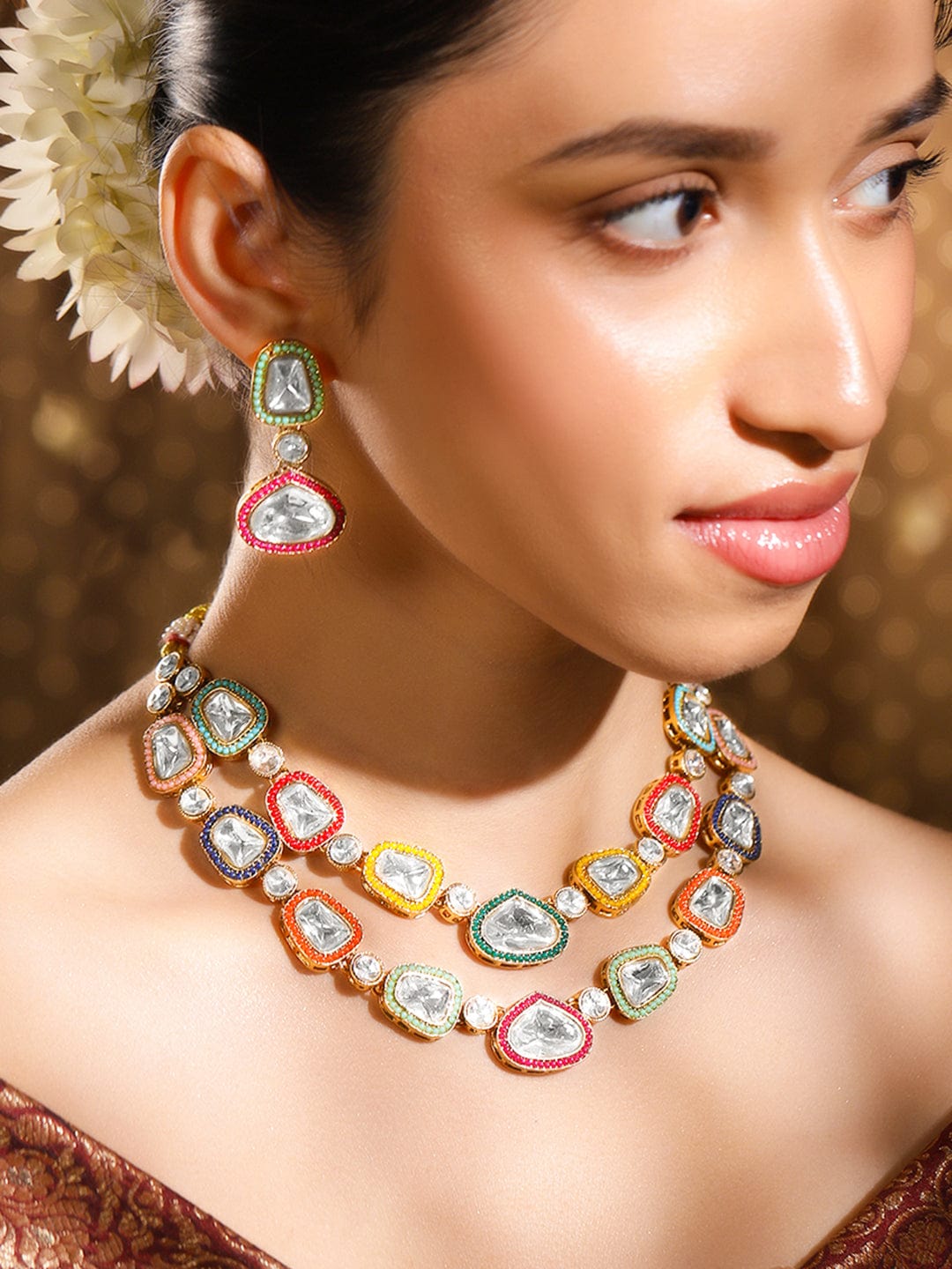 Rubans 24K Gold-Plated Multicolor Kundan Handcrafted Dual Layered Necklace Set Jewellery Set