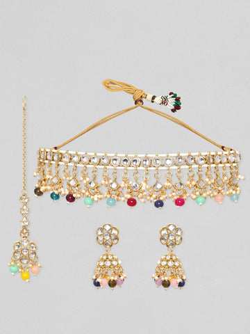 Rubans 24K Gold Plated Multicolour Beaded Kundan Studded Choker Jewellery Set Necklace Set