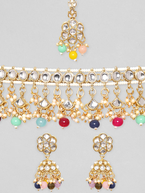 Rubans 24K Gold Plated Multicolour Beaded Kundan Studded Choker Jewellery Set Necklace Set