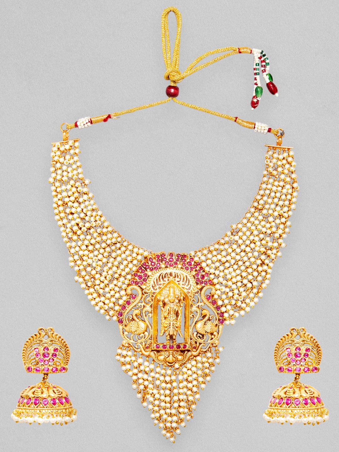 Rubans 24K Gold Plated Necklace Set With Pearls Ruby Stones And Goddess Motifs. Necklace Set