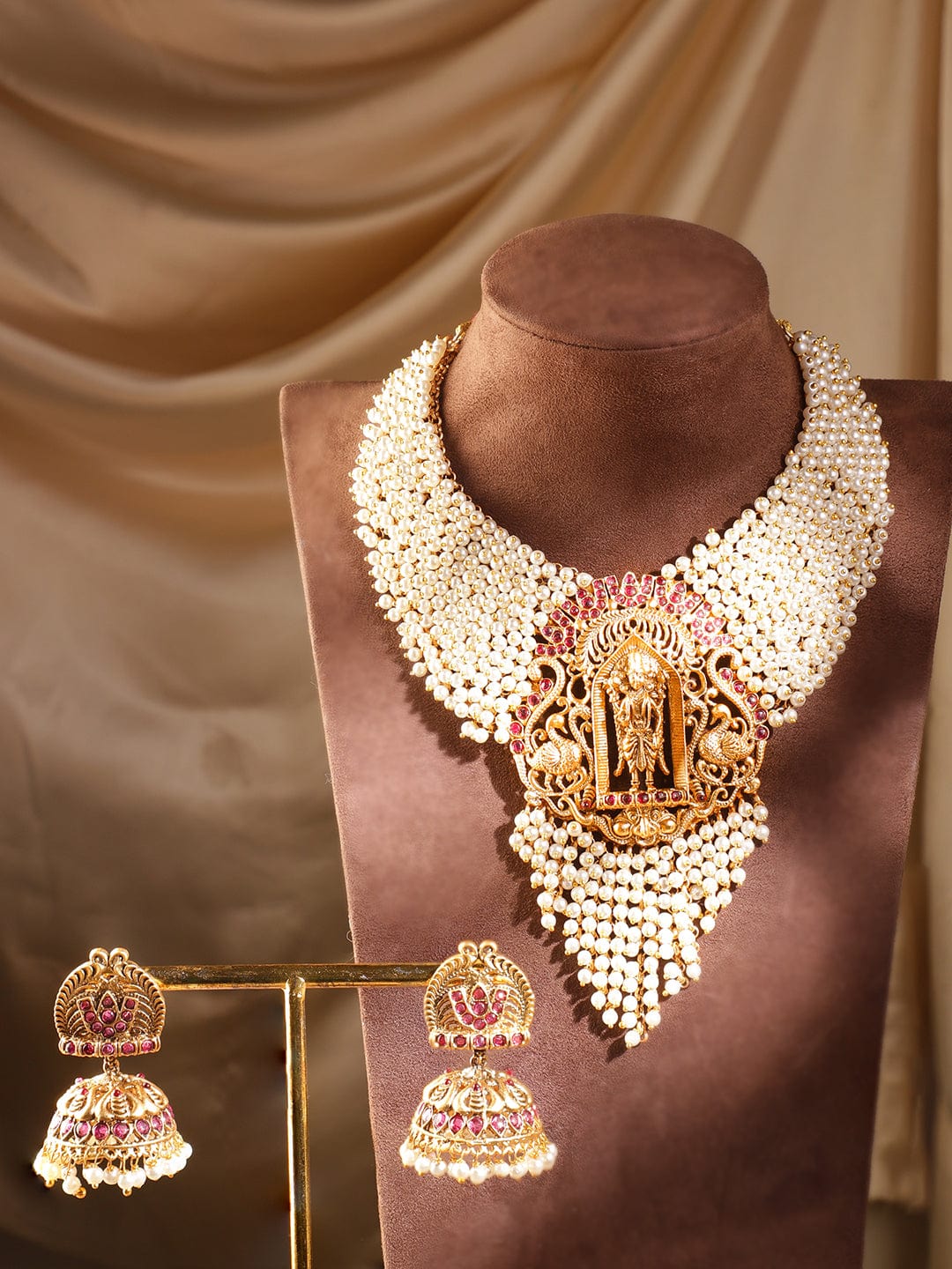 Rubans 24K Gold Plated Necklace Set With Pearls Ruby Stones And Goddess Motifs. Necklaces, Necklace Sets, Chains & Mangalsutra