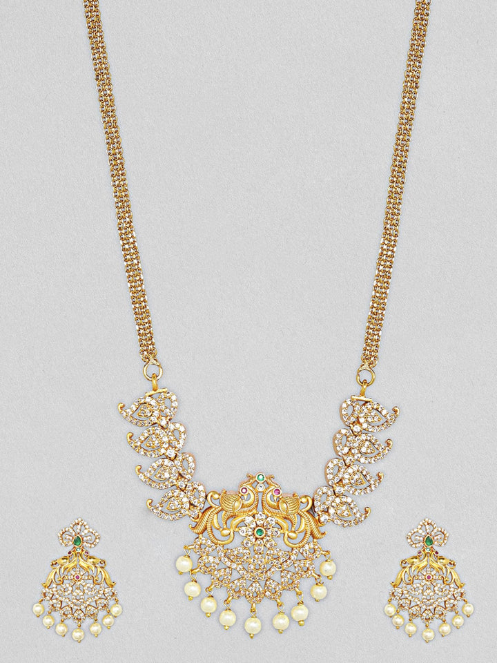 Rubans 24K Gold Plated Necklace Set With Studded AD And Peacock Design Necklace Set