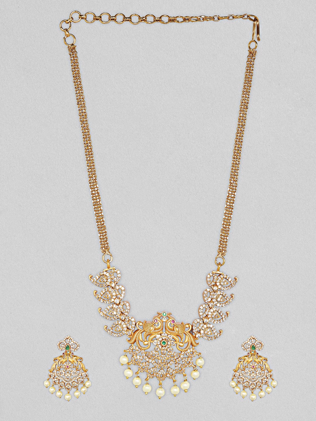 Rubans 24K Gold Plated Necklace Set With Studded AD And Peacock Design Necklace Set