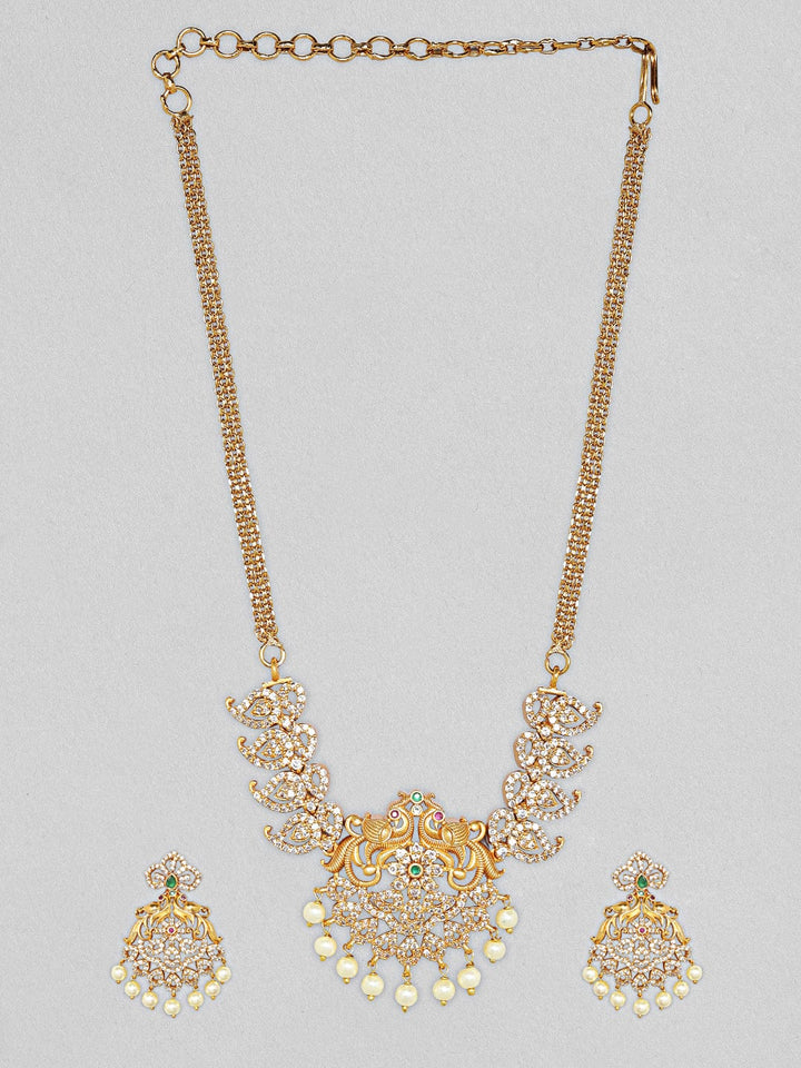 Rubans 24K Gold Plated Necklace Set With Studded AD And Peacock Design Necklace Set