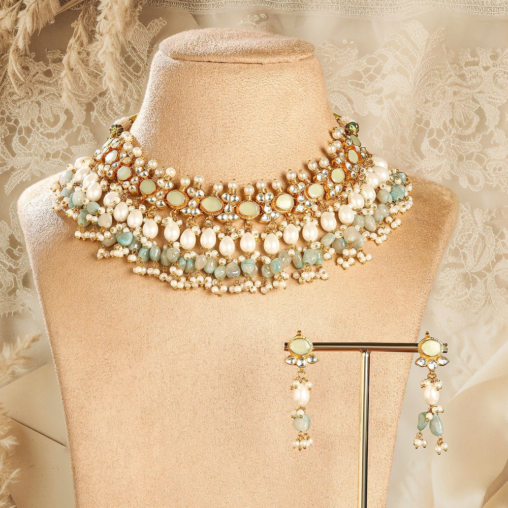 Rubans 24K Gold-Plated Pachi Kundan Studded Choker Jewellery Set with White & Aqua Beads Jewellery Set