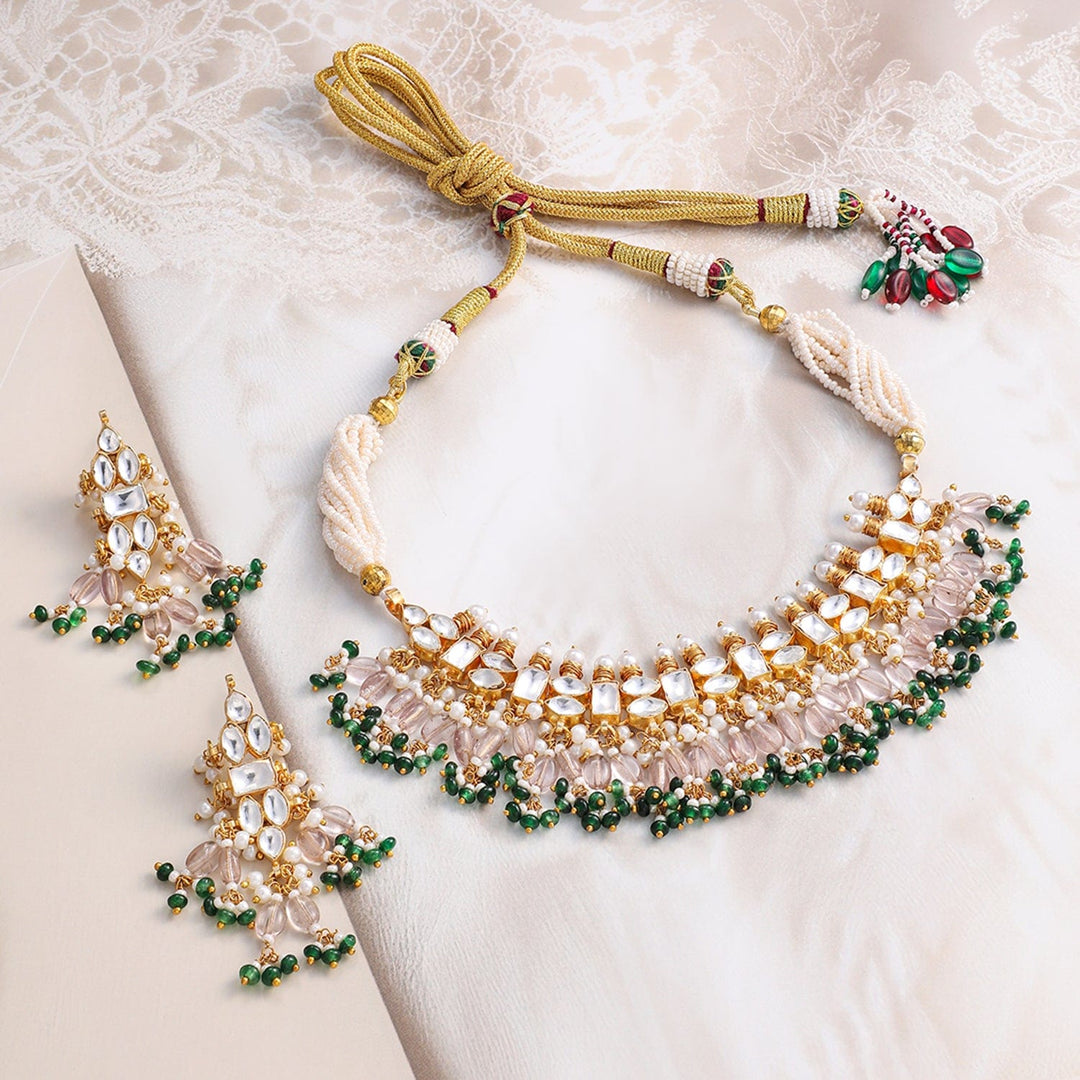 Rubans 24K Gold-Plated Pachi Kundan Studded Choker Set with Champagne Beads & Green Accents Jewellery Set