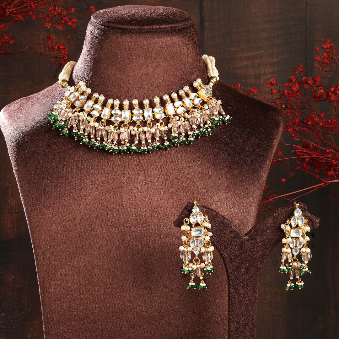 Rubans 24K Gold-Plated Pachi Kundan Studded Choker Set with Champagne Beads & Green Accents Jewellery Set