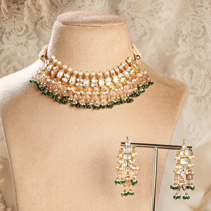 Rubans 24K Gold-Plated Pachi Kundan Studded Choker Set with Champagne Beads & Green Accents Jewellery Set