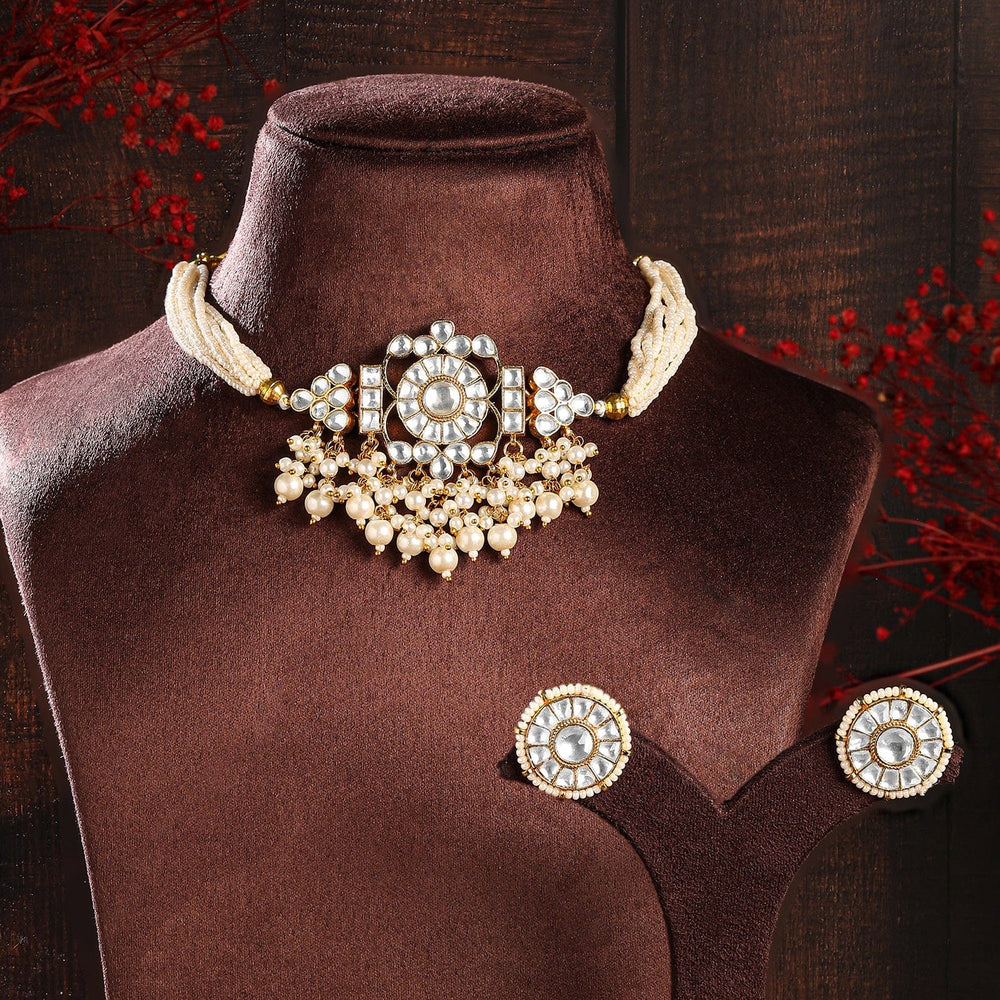 Rubans 24K Gold-Plated Pachi Kundan Studded Choker Set with Multi-Strand Pearl Beads Jewellery Set