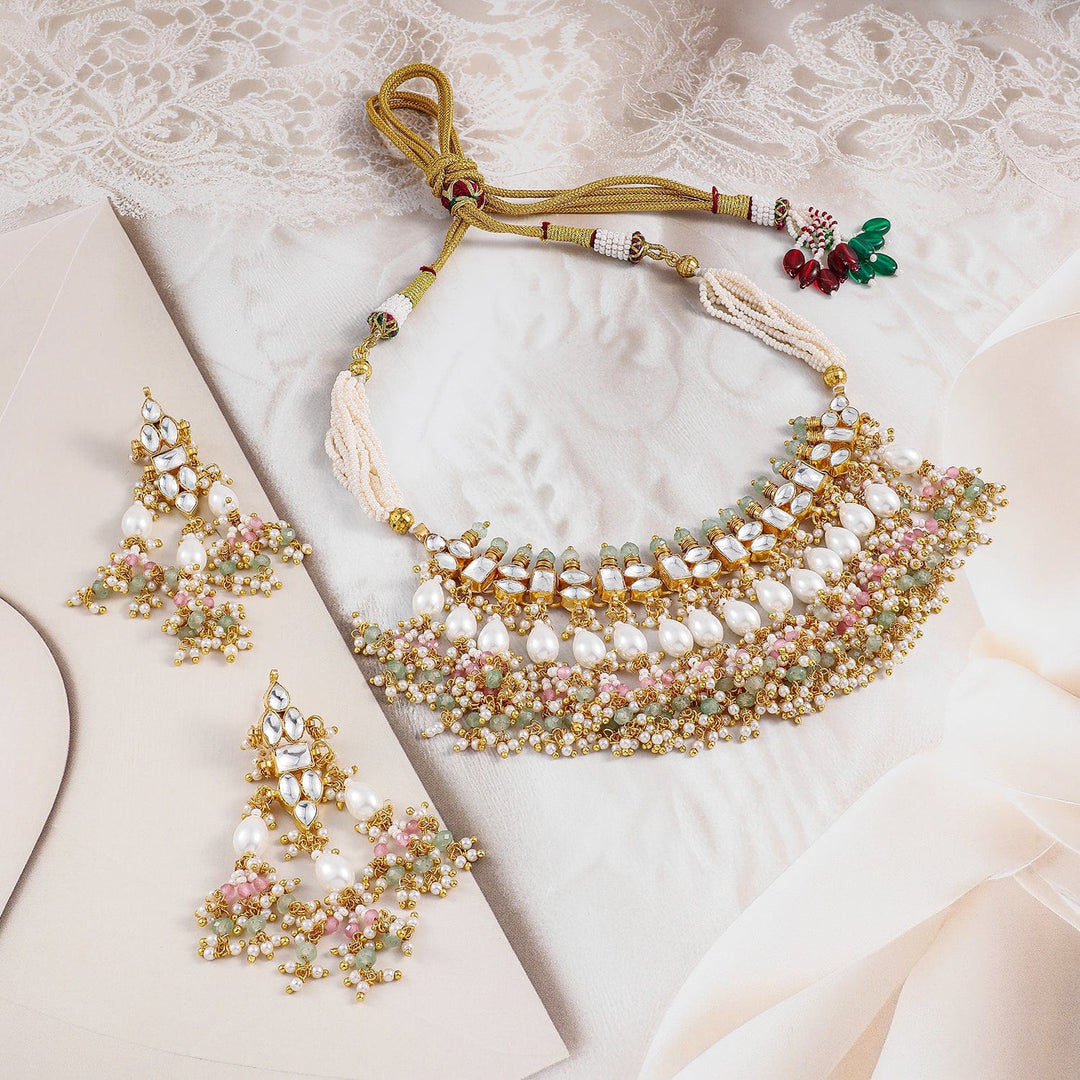 Rubans 24K Gold-Plated Pachi Kundan Studded Choker Set with Pastel Pink & Green Beads & Pearl Drops Jewellery Set