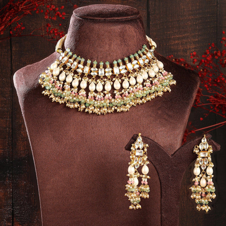 Rubans 24K Gold-Plated Pachi Kundan Studded Choker Set with Pastel Pink & Green Beads & Pearl Drops Jewellery Set