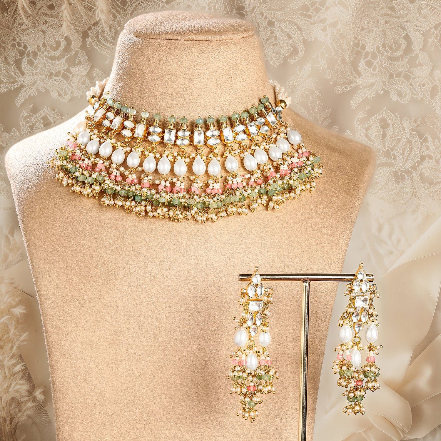 Lovely Indian Jewelry, online Boho Necklace Set, Pachi Kundan Necklace and Earrings, Handmade