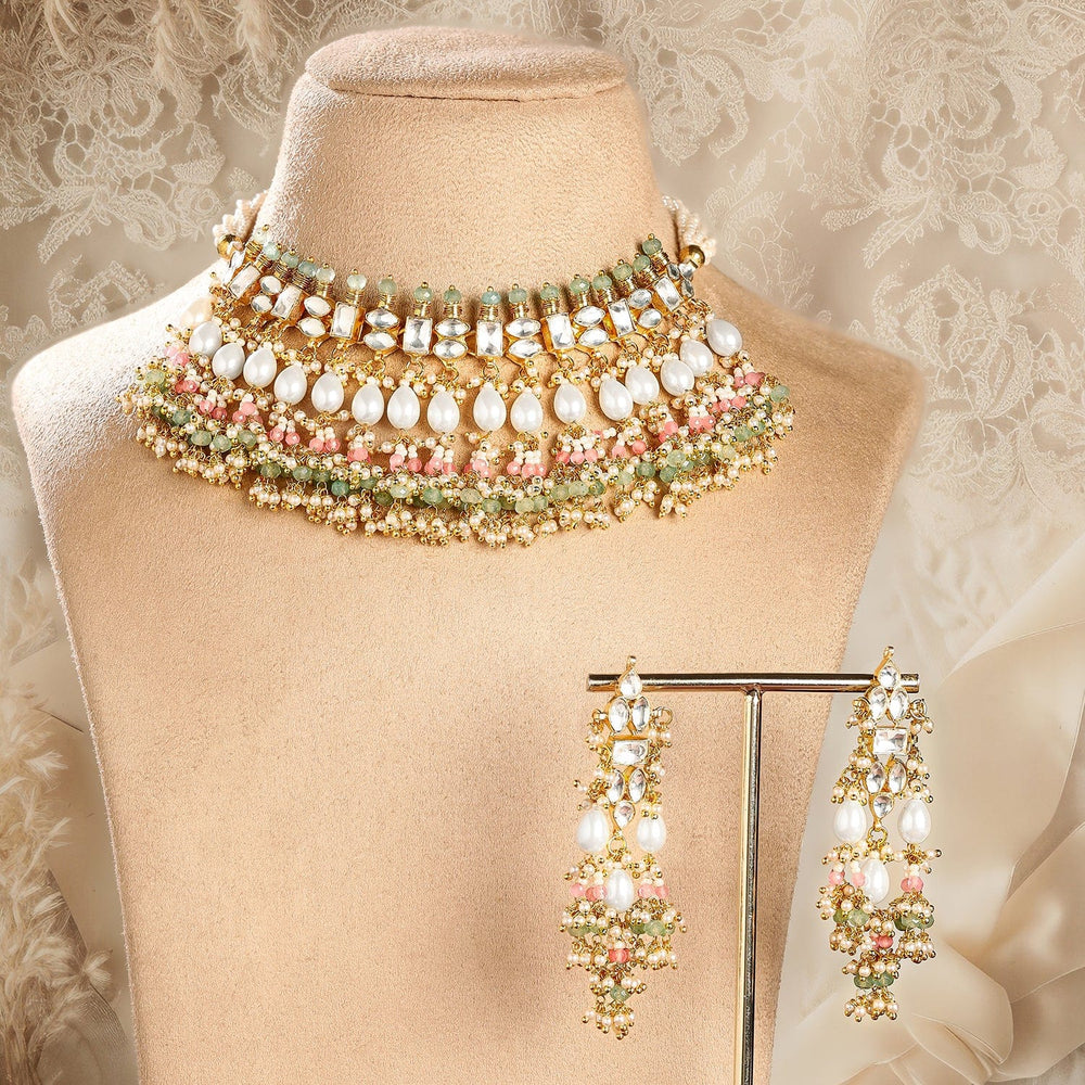 Rubans 24K Gold-Plated Pachi Kundan Studded Choker Set with Pastel Pink & Green Beads & Pearl Drops Jewellery Set