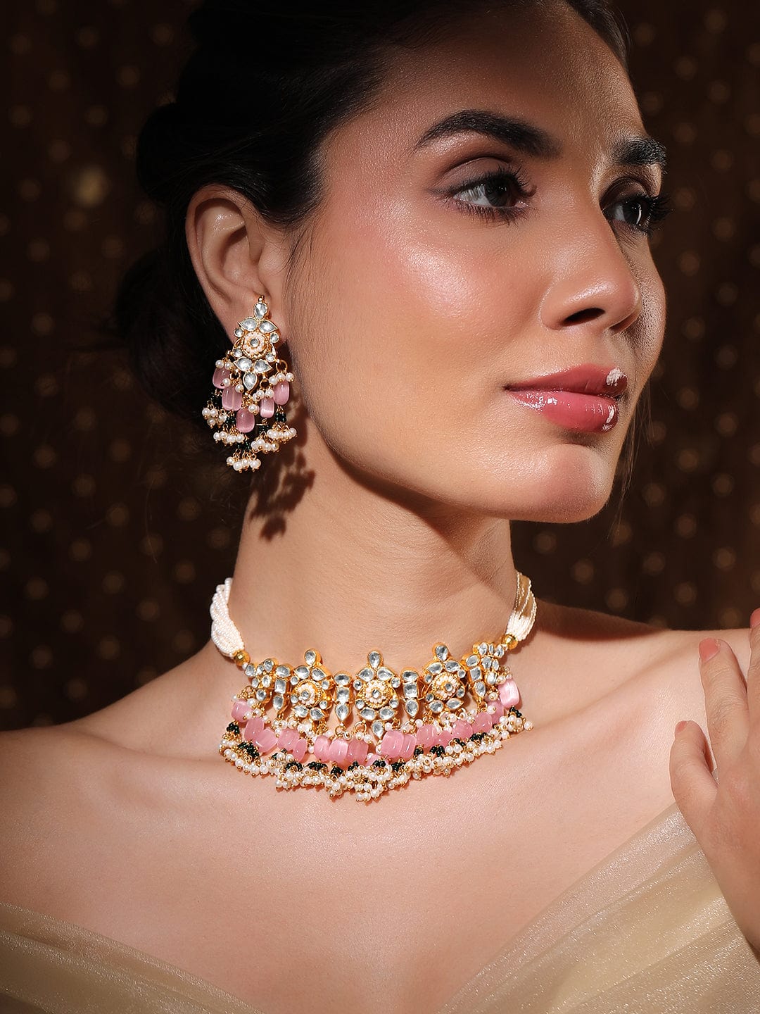 Rubans 24K Gold-Plated Pachi Kundan Studded Choker Set with Pink Beads & Pearl Accents Jewellery Set