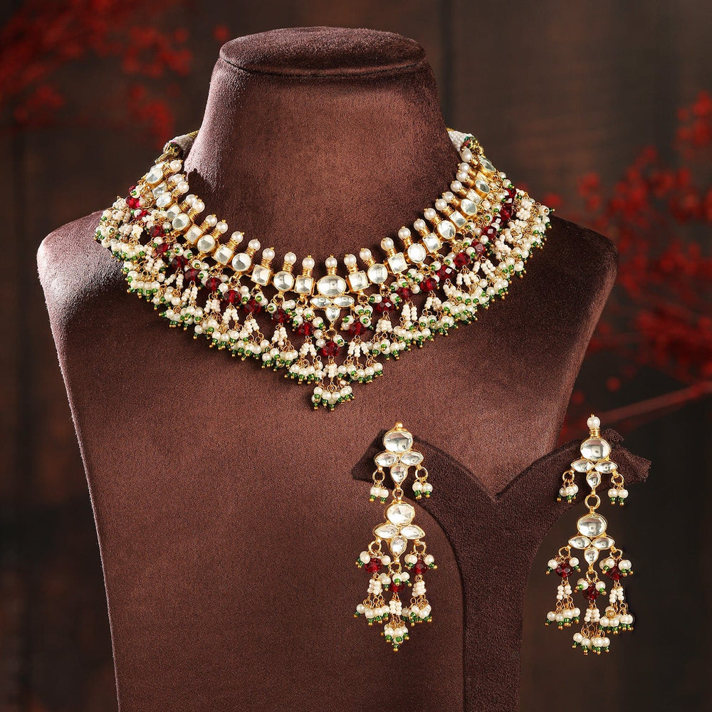 Rubans 24K Gold-Plated Pachi Kundan Studded Jewelry Set with Green, Red & White Bead Accents Jewellery Set