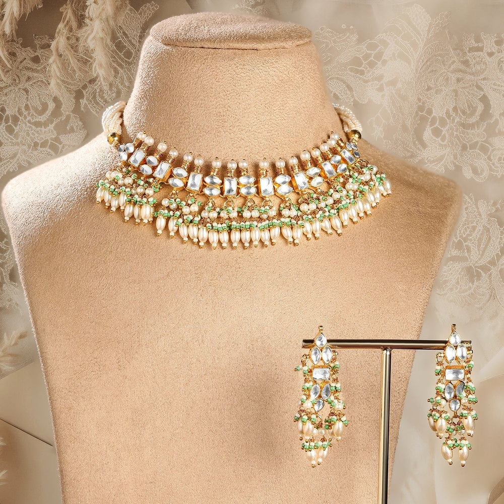 Rubans 24K Gold-Plated Pachi Kundan Studded Necklace & Earrings Set with Pearl & Green Bead Details Jewellery Set