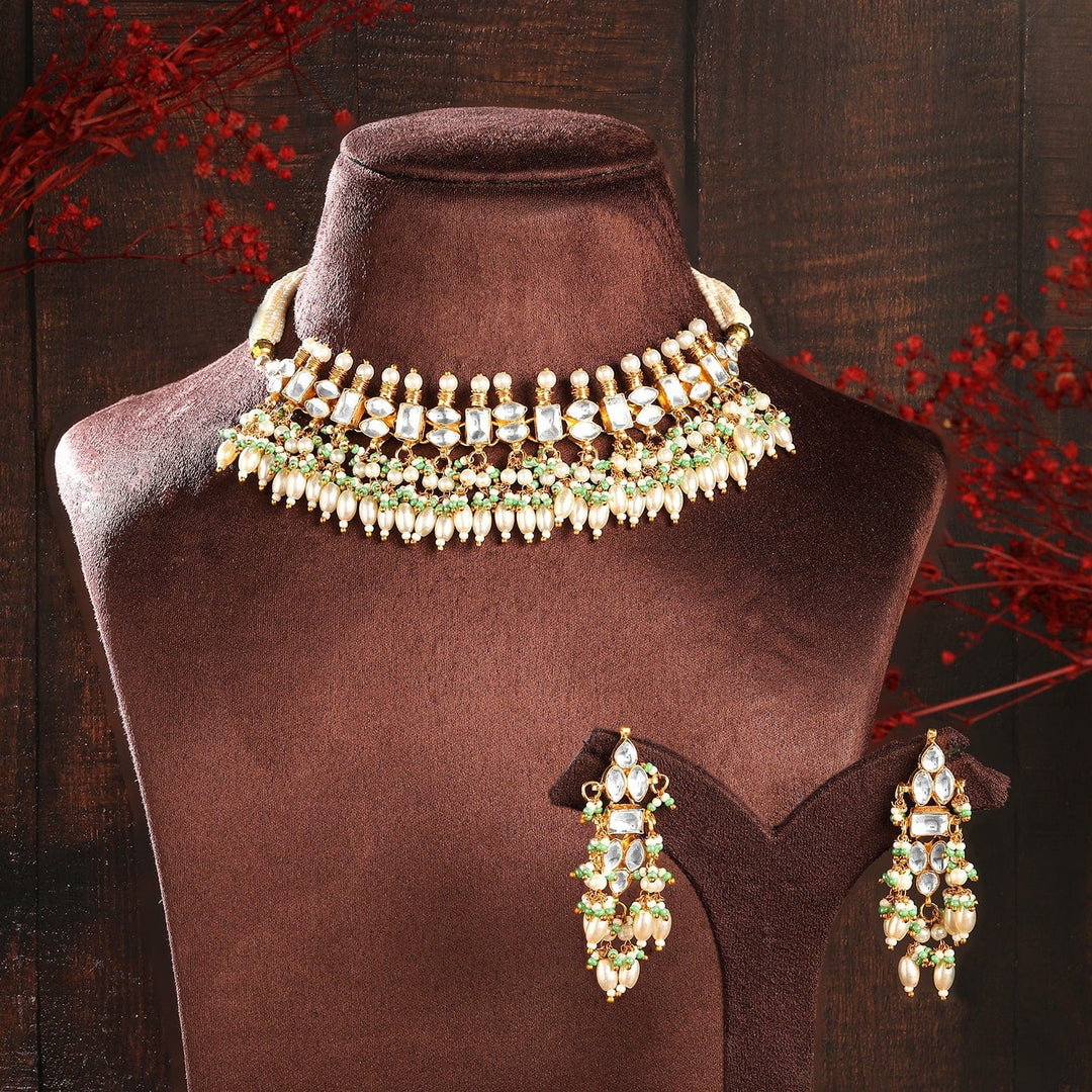 Rubans 24K Gold-Plated Pachi Kundan Studded Necklace & Earrings Set with Pearl & Green Bead Details Jewellery Set