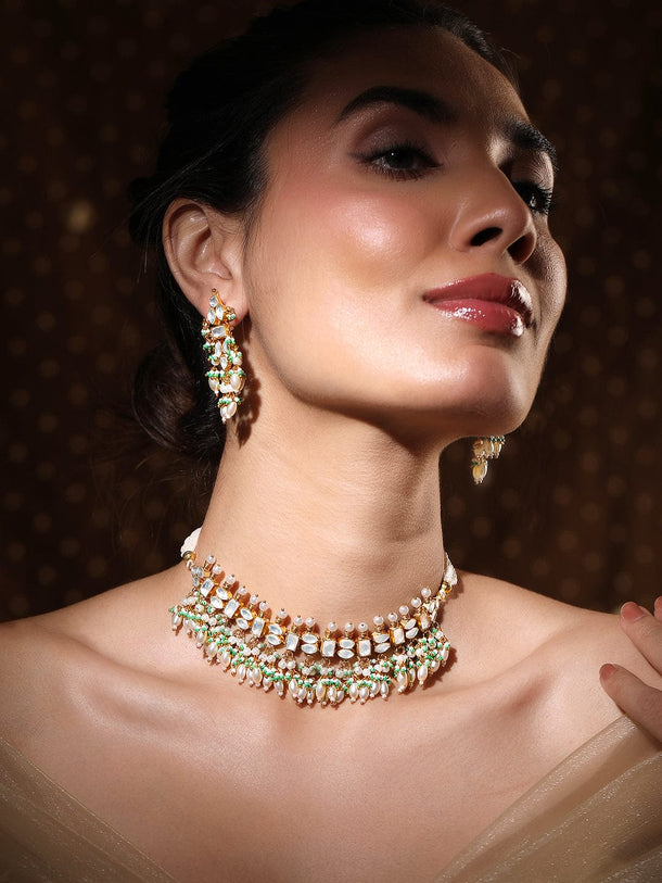 Rubans 24K Gold-Plated Pachi Kundan Studded Necklace & Earrings Set with Pearl & Green Bead Details Jewellery Set