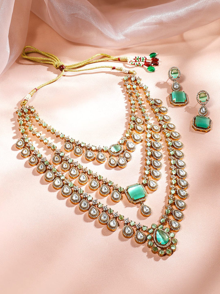 Rubans 24K Gold-Plated Pastel Green & AAA Cubic Zirconia Multi-Layer Bridal Necklace Set Jewellery Set