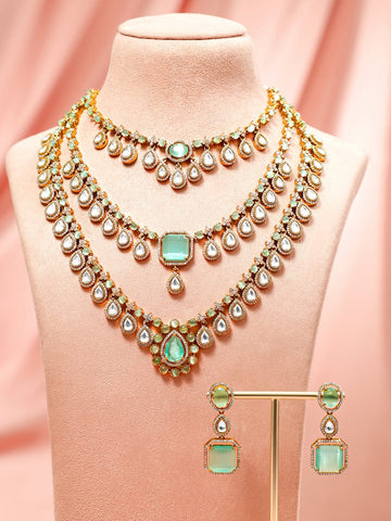 Rubans 24K Gold-Plated Pastel Green & AAA Cubic Zirconia Multi-Layer Bridal Necklace Set Jewellery Set