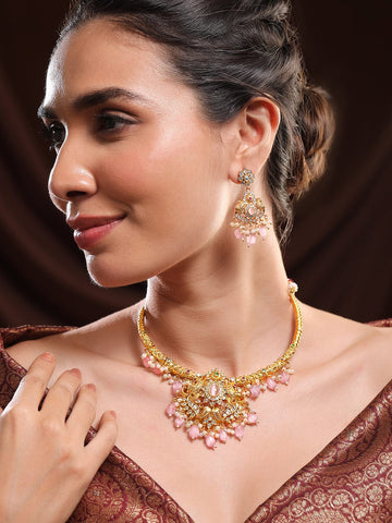 Rubans 24K Gold Plated Pastel Pink Beads & Cubic Zirconia Studded Traditional Necklace Set Jewellery Set