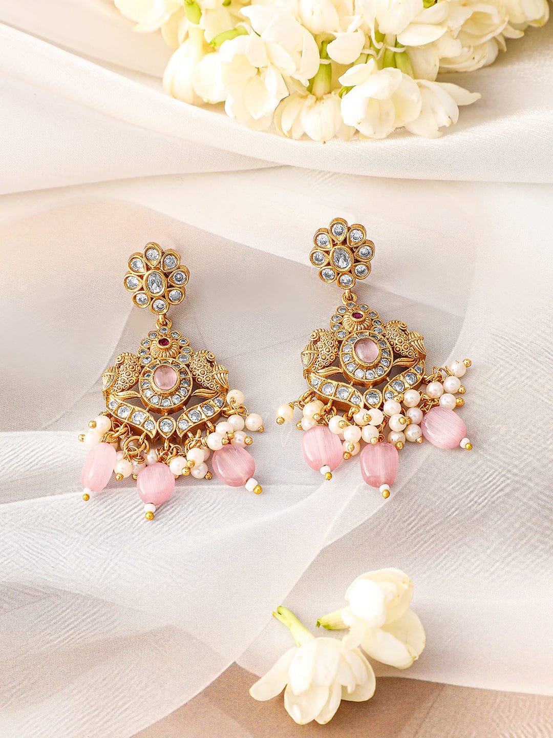 Rubans 24K Gold Plated Pastel Pink Beads & Cubic Zirconia Studded Traditional Necklace Set Jewellery Set