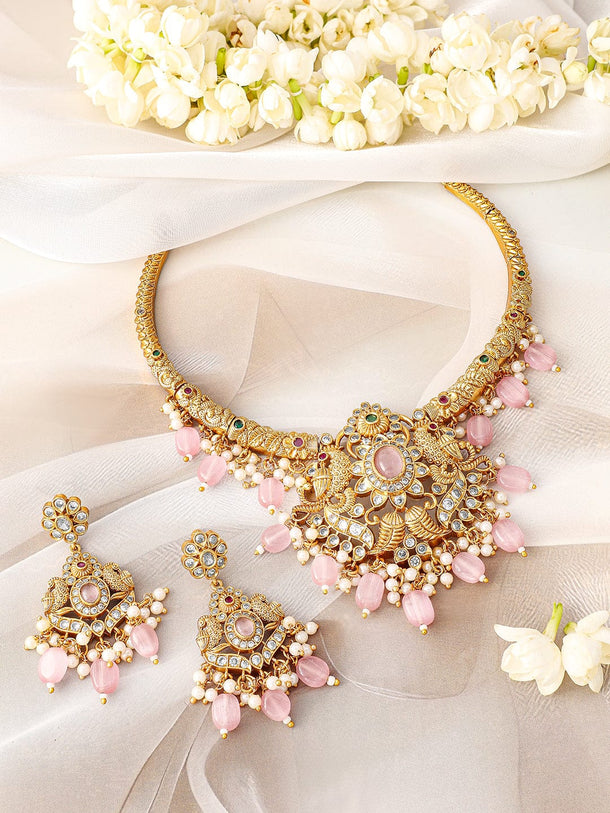 Rubans 24K Gold Plated Pastel Pink Beads & Cubic Zirconia Studded Traditional Necklace Set Jewellery Set