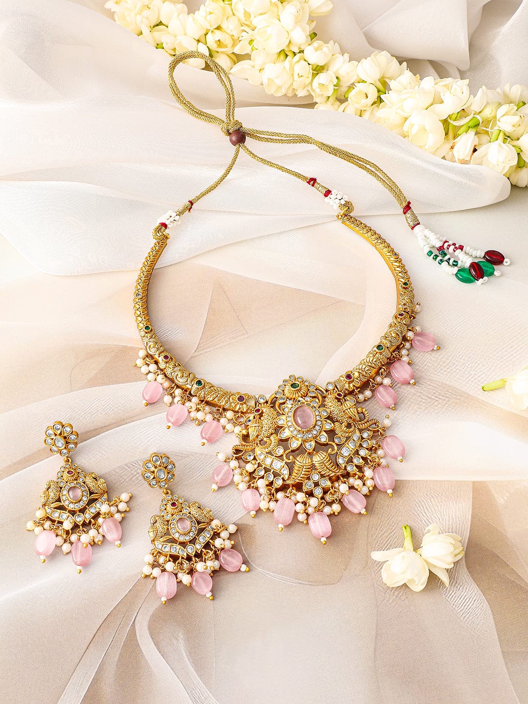 Rubans 24K Gold Plated Pastel Pink Beads & Cubic Zirconia Studded Traditional Necklace Set Jewellery Set