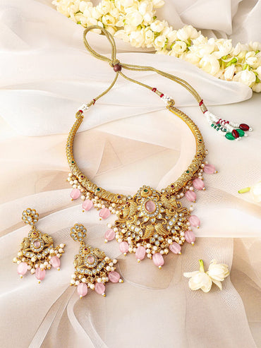 Rubans 24K Gold Plated Pastel Pink Beads & Cubic Zirconia Studded Traditional Necklace Set Jewellery Set