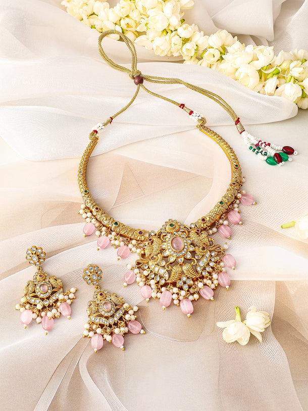 Rubans 24K Gold Plated Pastel Pink Beads & Cubic Zirconia Studded Traditional Necklace Set Jewellery Set