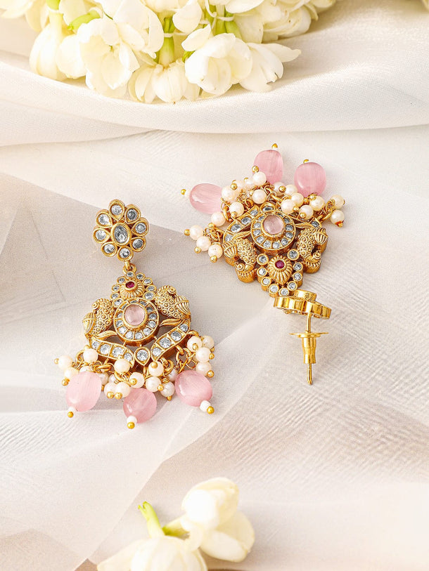 Rubans 24K Gold Plated Pastel Pink Beads & Cubic Zirconia Studded Traditional Necklace Set Jewellery Set