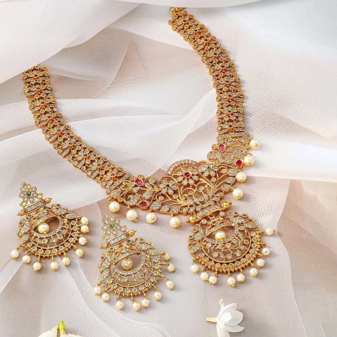 Rubans 24K Gold Plated Pastel Pink Beads & Cubic Zirconia Studded Traditional Necklace Set Necklace Set