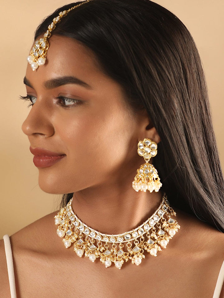 Rubans 24K Gold Plated Pearl Beaded Kundan Studded Choker Jewellery Set Earrings & mangtika Combo