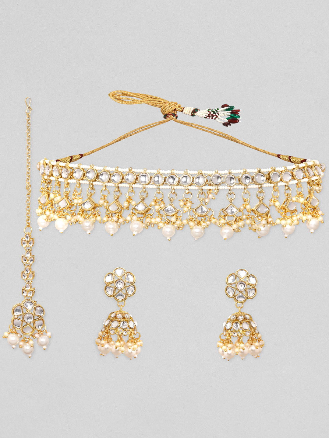 Rubans 24K Gold Plated Pearl Beaded Kundan Studded Choker Jewellery Set Earrings & mangtika set