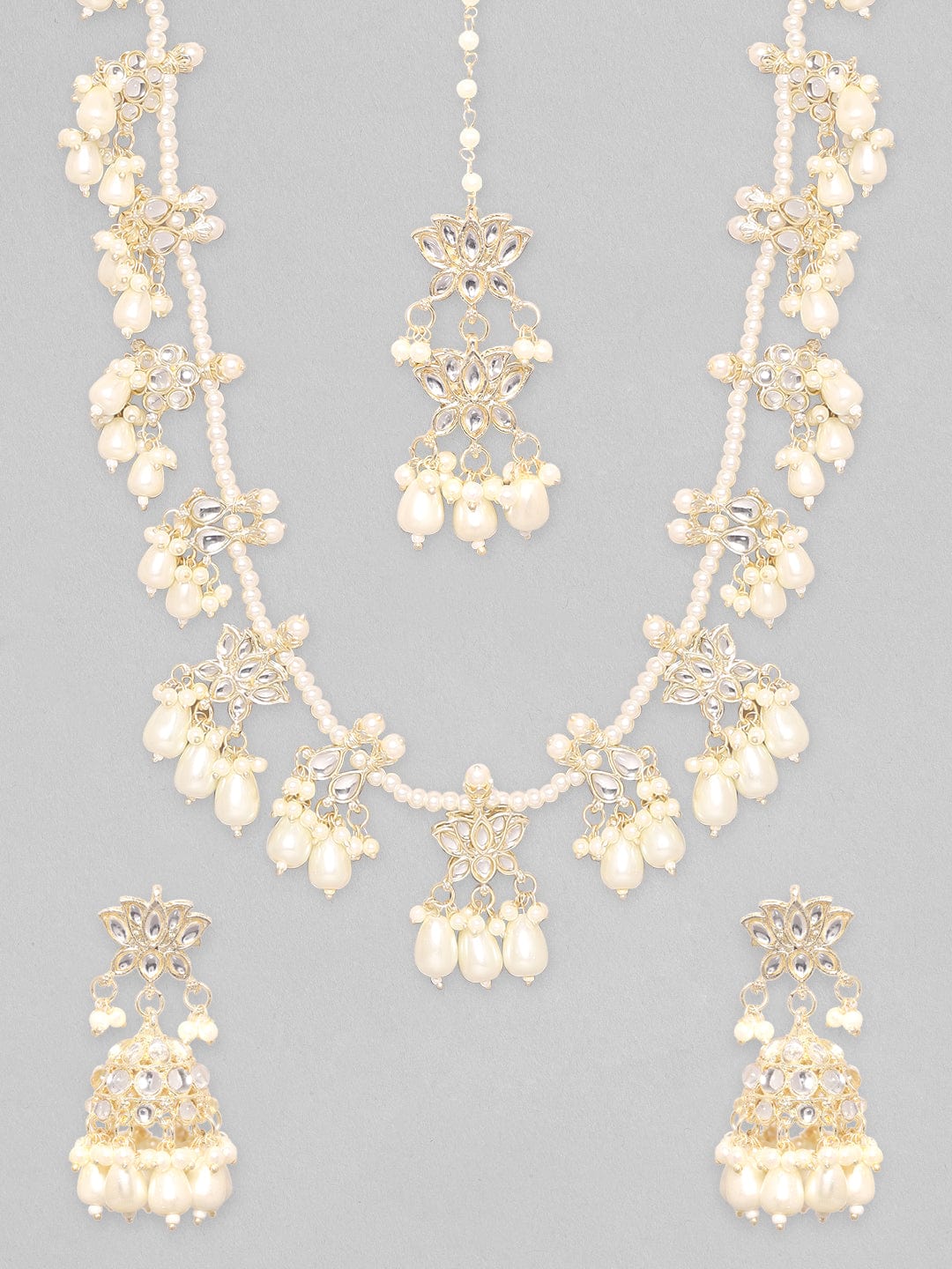 Rubans 24k Gold Plated Pearl Studded Necklace, Earring & Maangtikka Set. Necklace Set