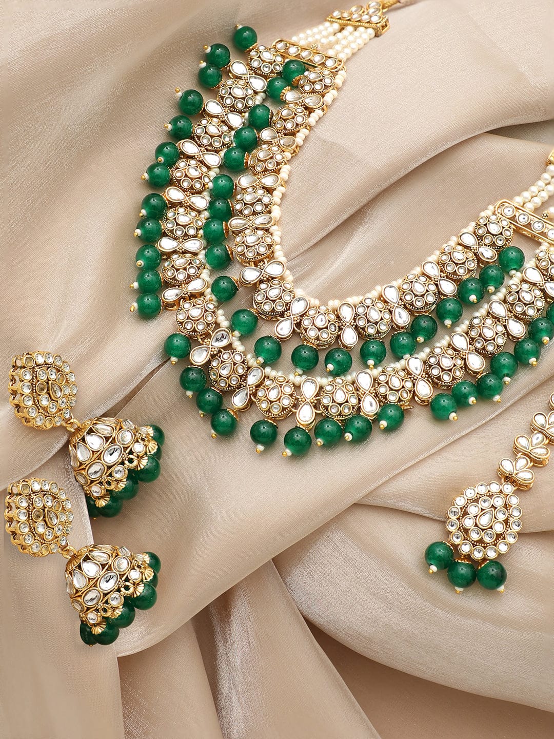 Rubans 24K Gold Plated Polki Stone Studded Green Beaded Double Layer Jewellery Set Necklace Set