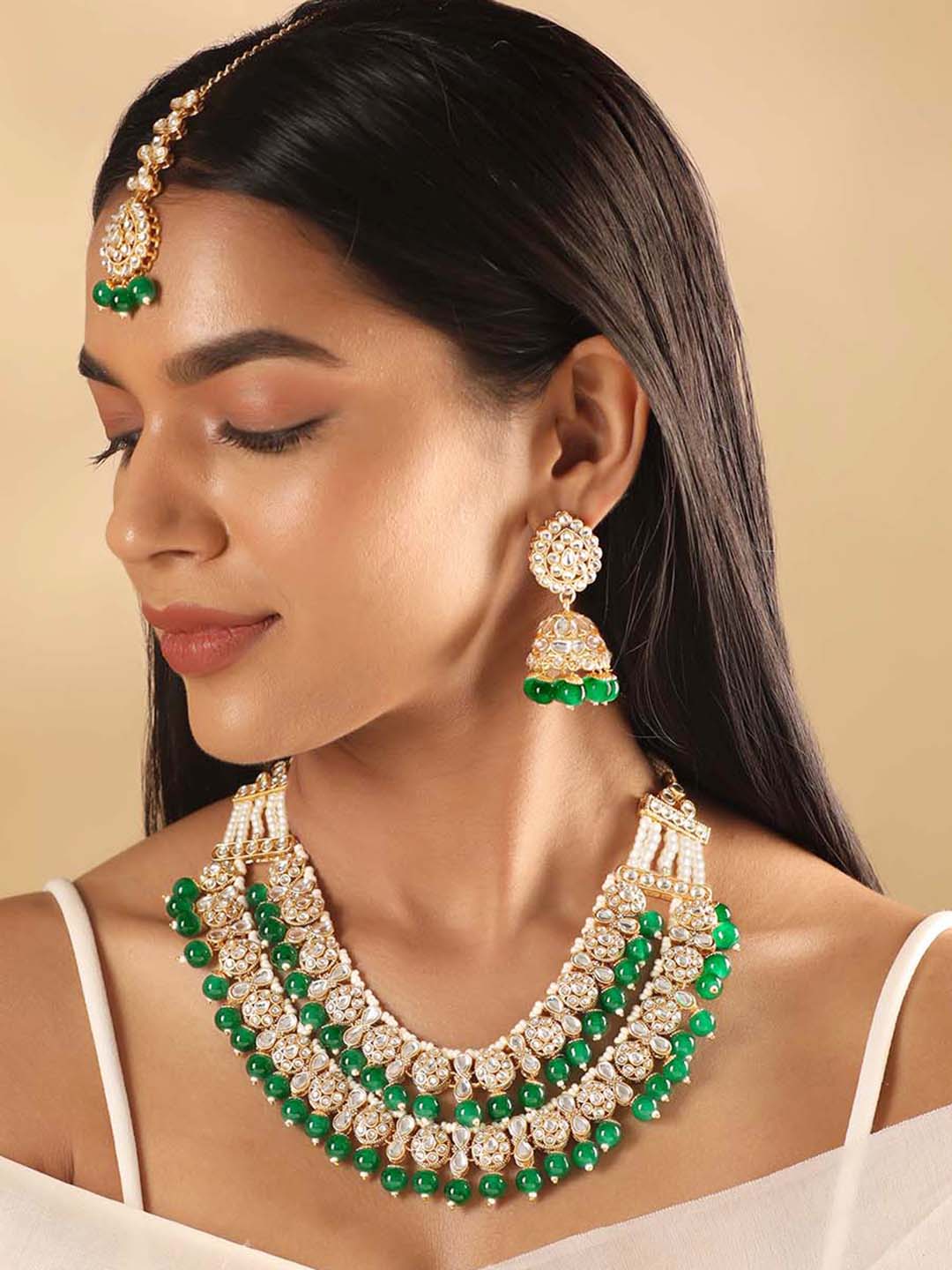 Rubans 24K Gold Plated Polki Stone Studded Green Beaded Double Layer Jewellery Set Necklaces, Necklace Sets, Chains & Mangalsutra