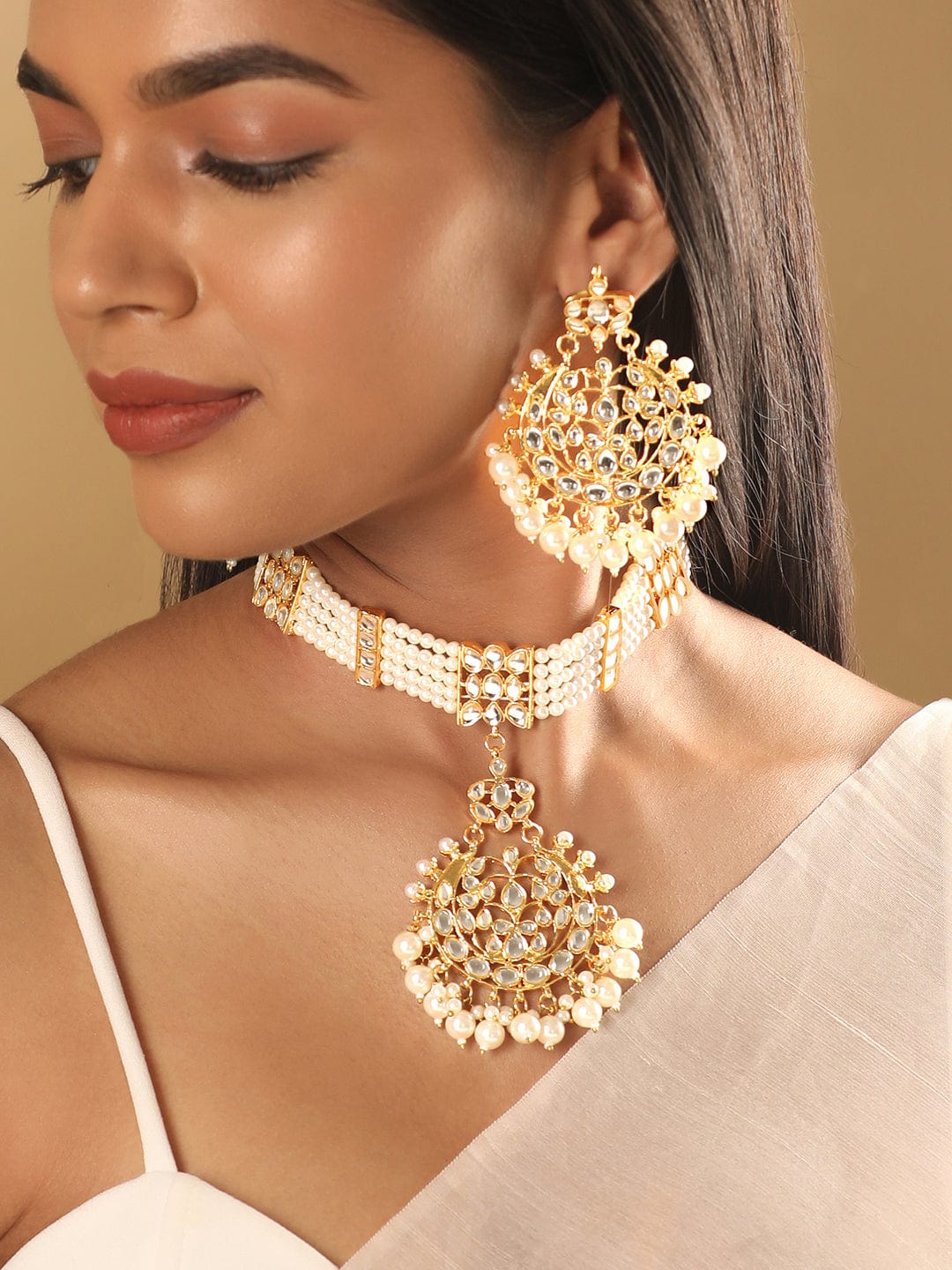 Rubans 24K Gold Plated Polki studded white pearls beaded jewellery set Jewellery Sets