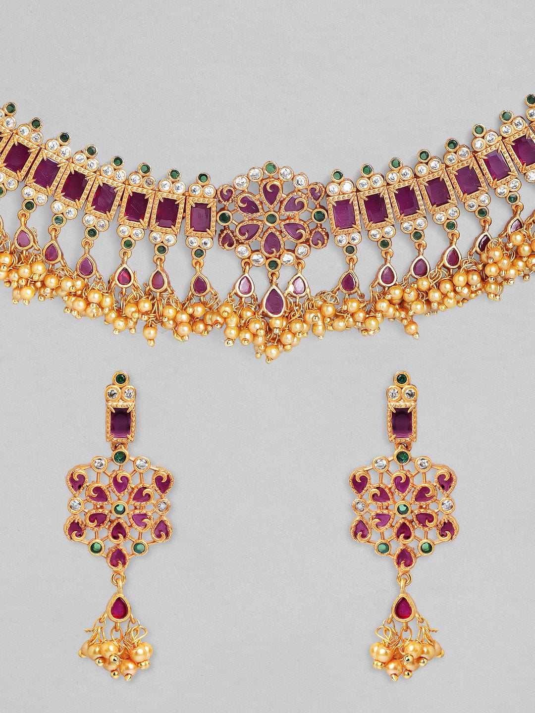 Rubans 24K Gold Plated Red Studded Intricate Necklace Set Necklace Set