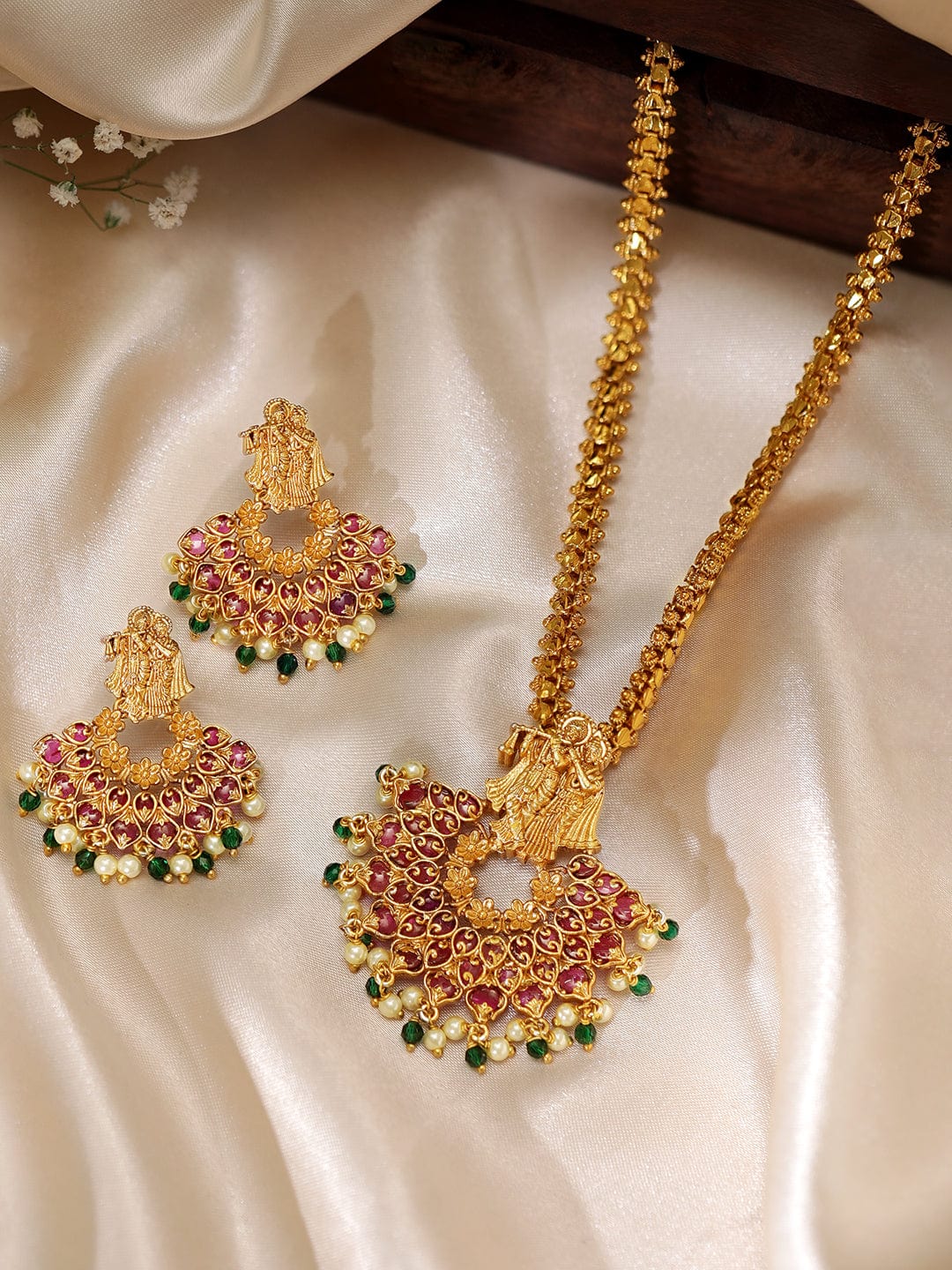 Rubans 24K Gold Plated Red Zircons And Pearl Beaded Radha Krishna Temple Jewellery Set. Necklace Set