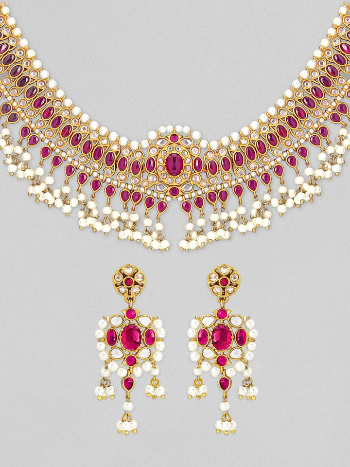 Rubans 24K Gold Plated Ruby and AD studded Necklace Set. Necklace Set