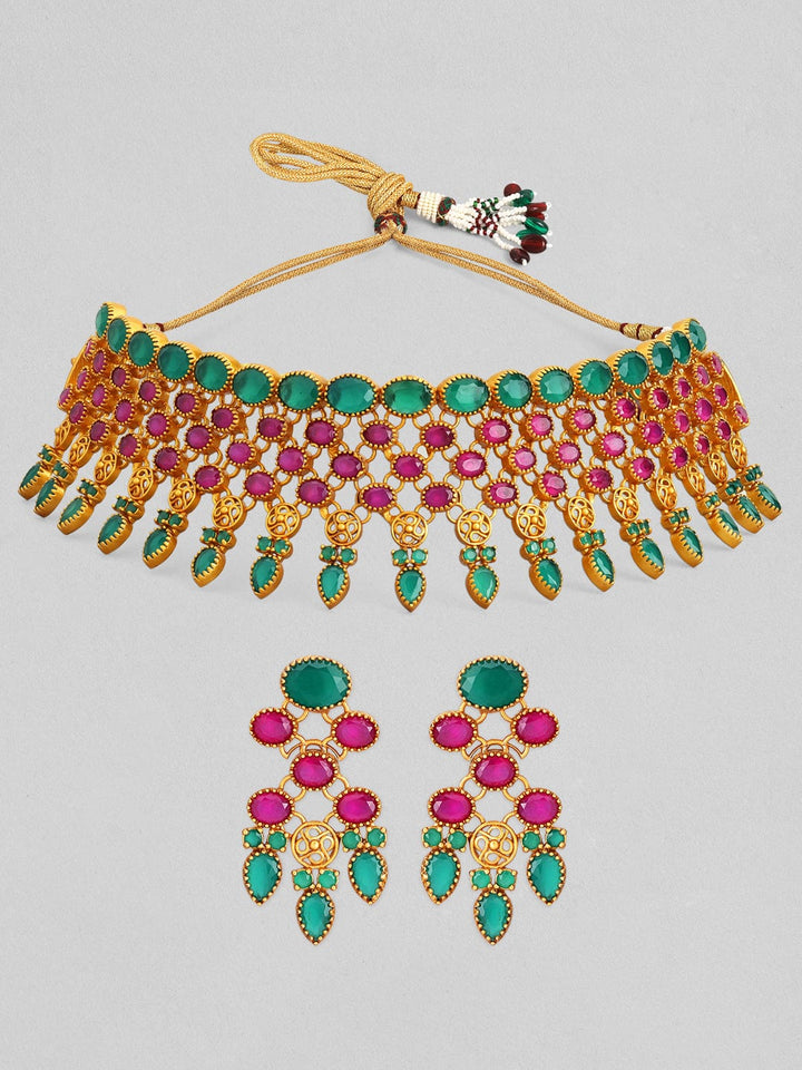 Rubans 24K Gold Plated Ruby and emerald studded Choker set. Necklace Set