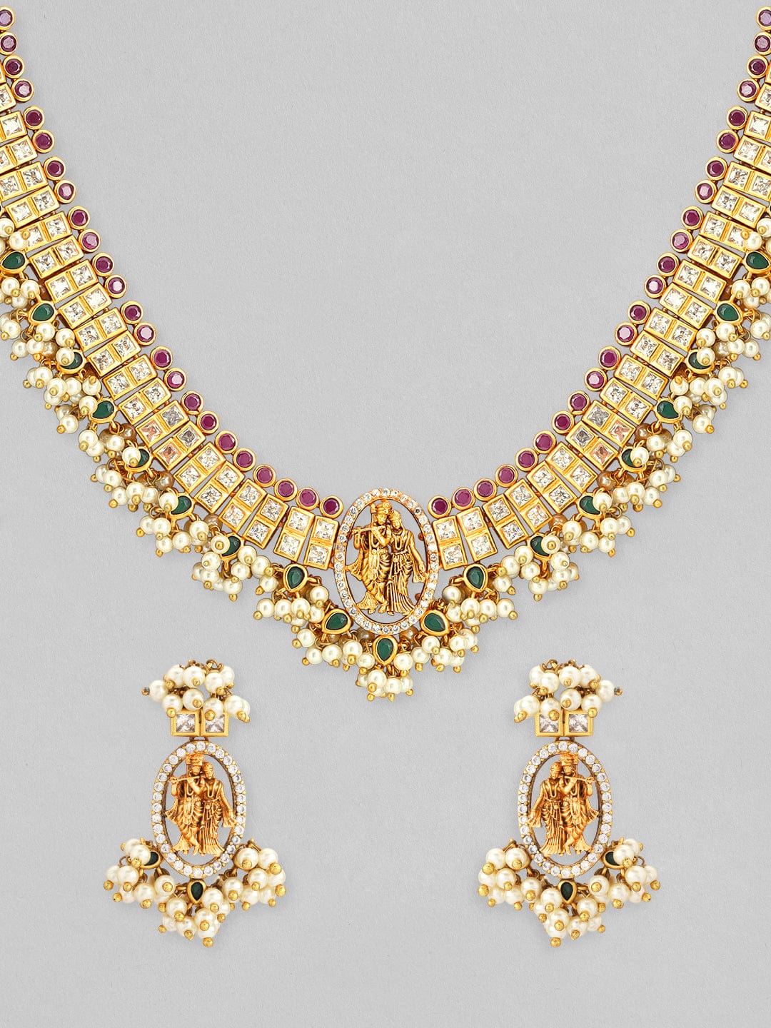 Rubans 24K Gold Plated Ruby and emerald studded Temple Necklace set. Necklace Set